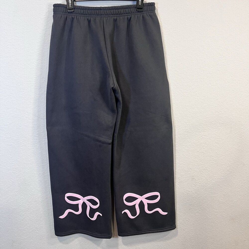 Edikted Gray Fleece Sweatpants Straight Leg Pink Bows Womens Size Large